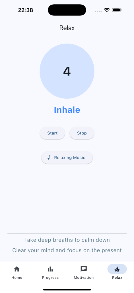 Interface of the Relax section showing a circular breathing timer and instructions to inhale for stress relief.