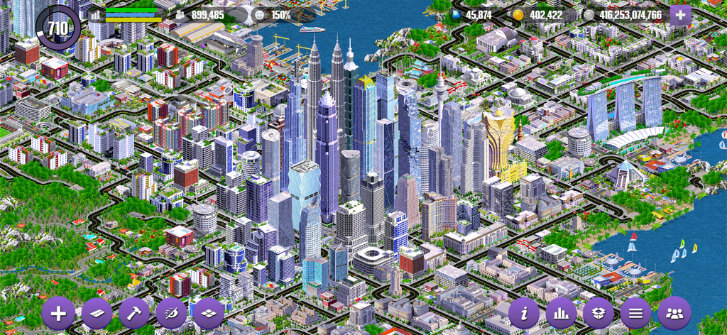 A sprawling city skyline with skyscrapers and waterfront landmarks in the Designer City building simulation.