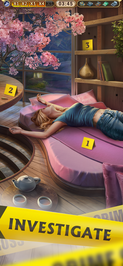 Mystery Manor: hidden objects - Investigating a crime scene with numbered evidence markers in Mystery Manor hidden object game