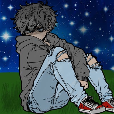 a male hoddie ripped jeans messy hair anime