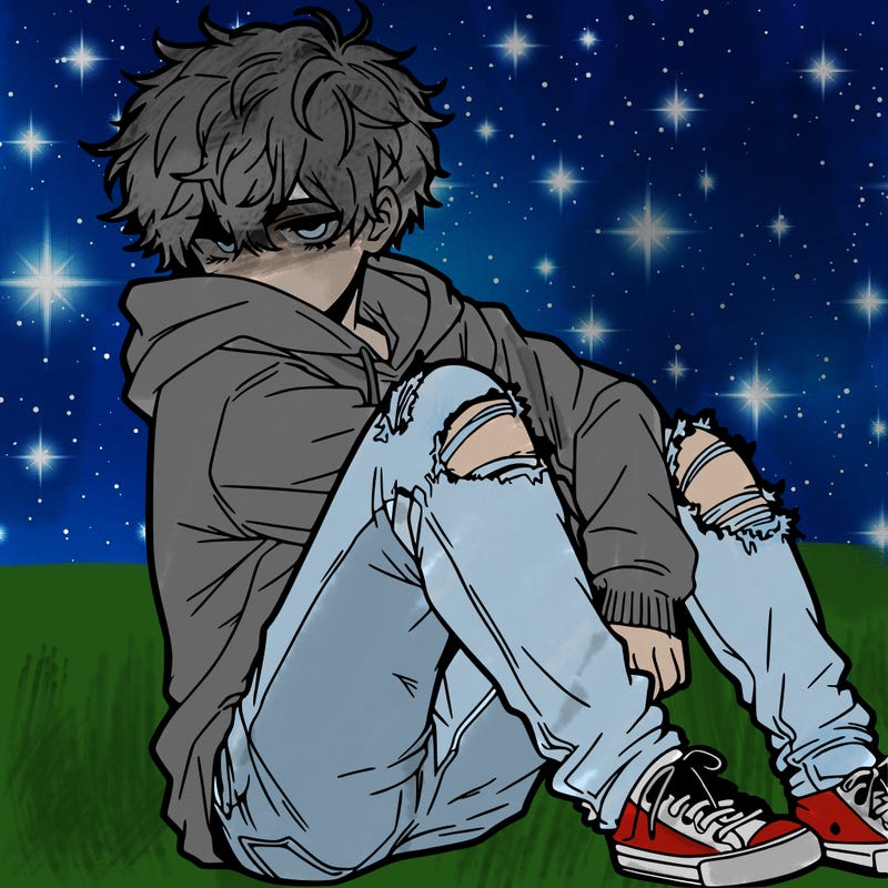 a male hoddie ripped jeans messy hair anime