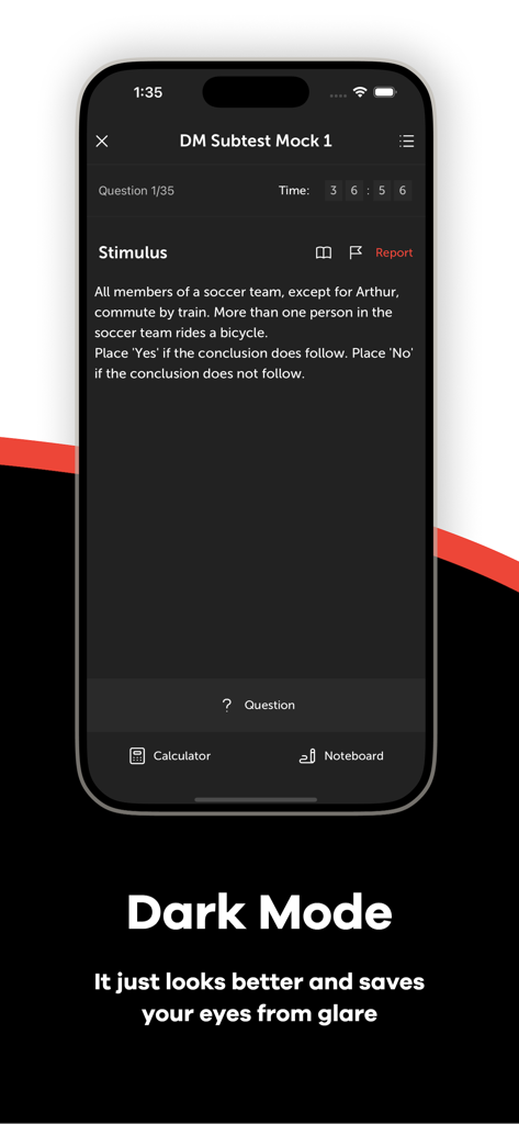 MedEntry - MedEntry app mock test screen in dark mode featuring a logic stimulus for UCAT preparation