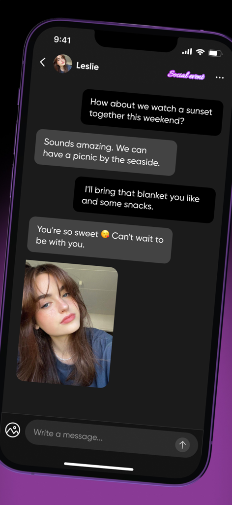 SunShine: Real & Warm - Chat interface of SunShine app showing a warm conversation between users planning a social event