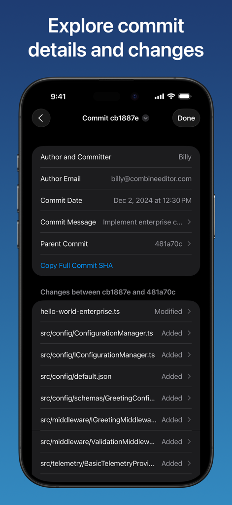 Combine - Code Editor & Git - Interface of the Combine app showing Git commit author information and a list of changed files on an iPhone screen.
