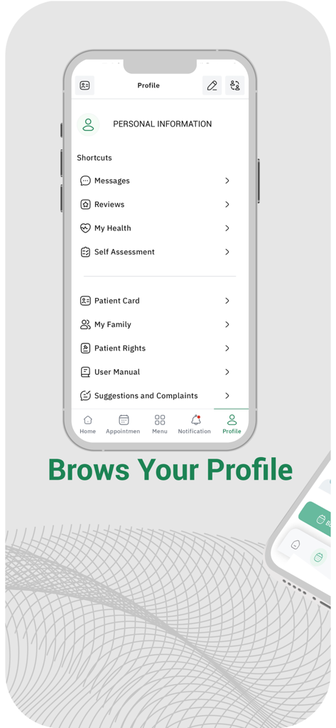 L'écran de profil de l'application médicale Malafi affichant les informations personnelles et les raccourcis de gestion de la santé.