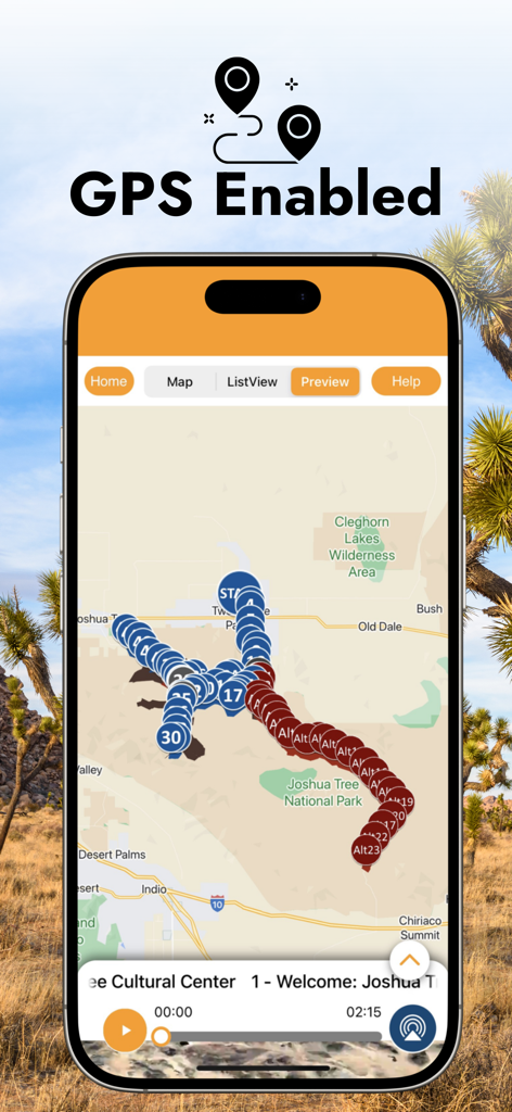 Joshua Tree Audio Tour Guide - Smartphone screen showing a GPS enabled map with tour route markers for Joshua Tree National Park