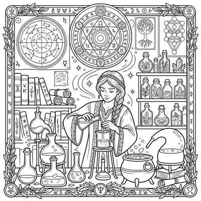 Discover the secrets of the ancients with this captivating alchemist laboratory coloring bookmark. It’s an enchanting scene waiting for your creative touch, filled with mystical tools and magical elements.