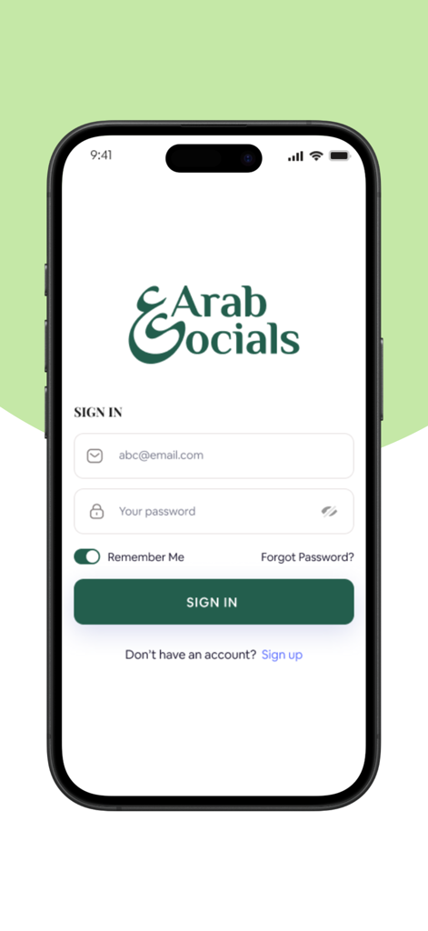 Arab Socials - Arab Socials app sign in screen with email and password input fields