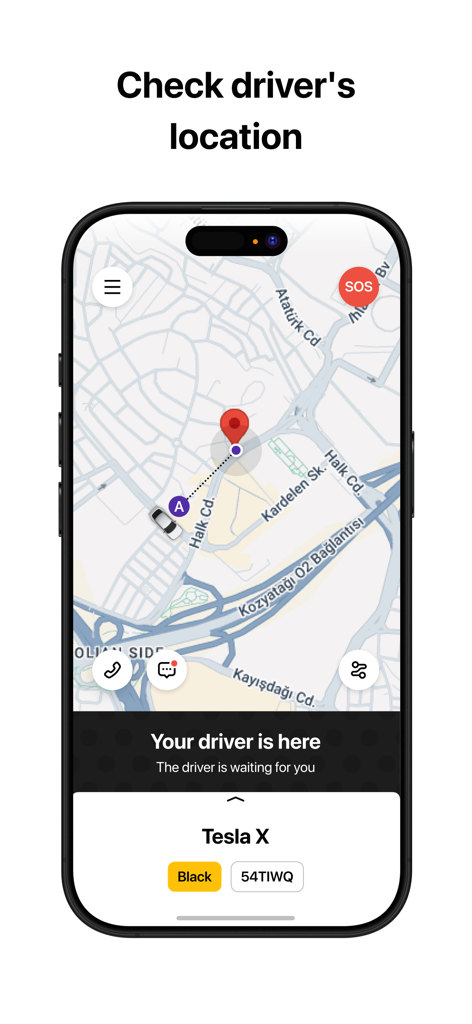 Taksicimアプリのインターフェースに、車の詳細とSOSボタンが表示された地図上でタクシードライバーのリアルタイムの位置が表示されています。
