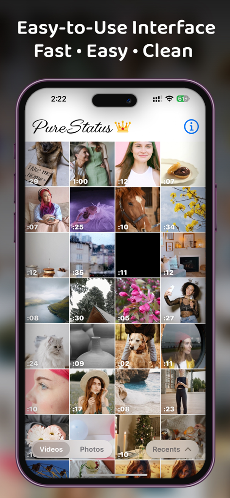 PureStatus app user interface showing a grid of videos and photos for status selection