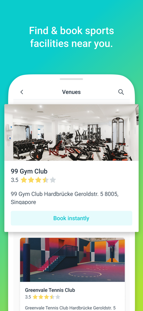 Rovo app interface for finding and booking local sports facilities and gym clubs