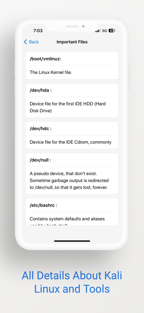 Learn Kali Linux - Una pantalla móvil de la aplicación Aprende Kali Linux que enumera archivos importantes del sistema Linux y sus descripciones técnicas