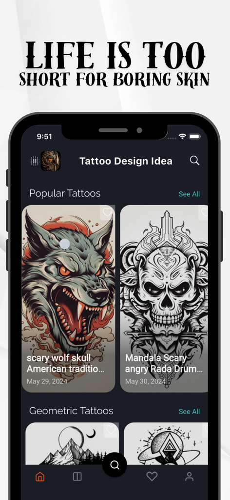 Tattoo Design AR Art Drawing - Mobile app screen showing popular tattoo design ideas including wolf and mandala skull art