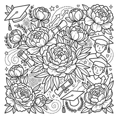 Commemorate academic success with this intricate coloring page featuring abundant double peonies intertwined with graduation symbols. It's a beautiful way to celebrate achievements and bright futures with vibrant colors.