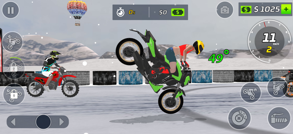A motorbike performing a wheelie on a snowy track in the game Moto Bike Wheelie Master.