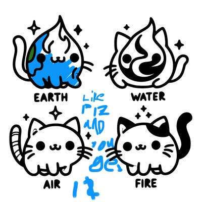 4 cats that represent the different elements, earth, water, air, and fire