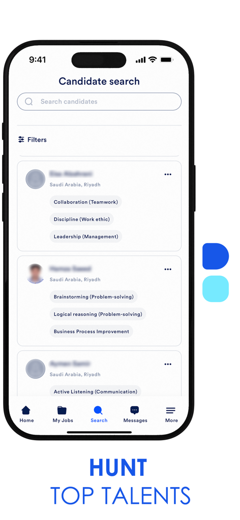 Imploy - Imploy app candidate search screen showing professional profiles with skill tags for recruitment