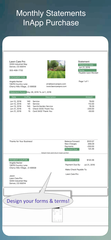 Landscaper & Tree Pro Business - Monthly statement and billing summary for a landscaping business