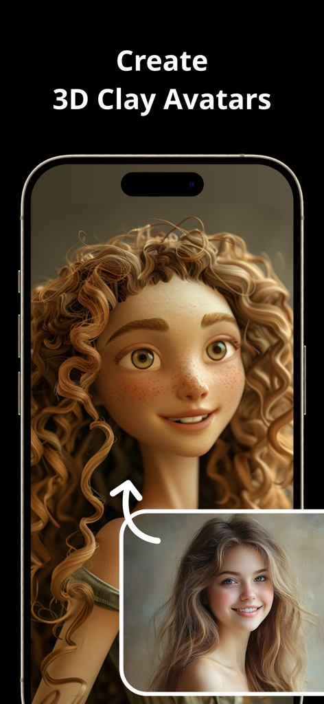 Photo Enhancer AI - PhotoPlus - Before and after demonstration of a photo transformed into a 3D clay avatar style character