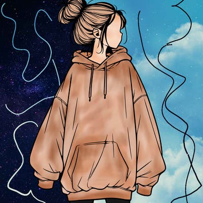 realistic girl with a oversized sweatshirt on and a bun