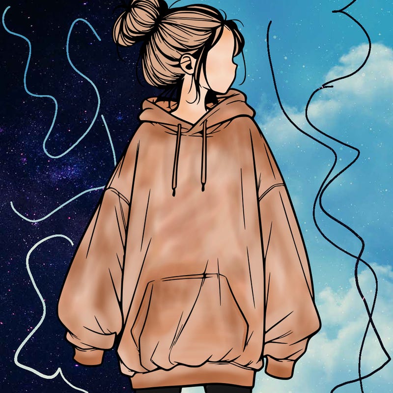 realistic girl with a oversized sweatshirt on and a bun