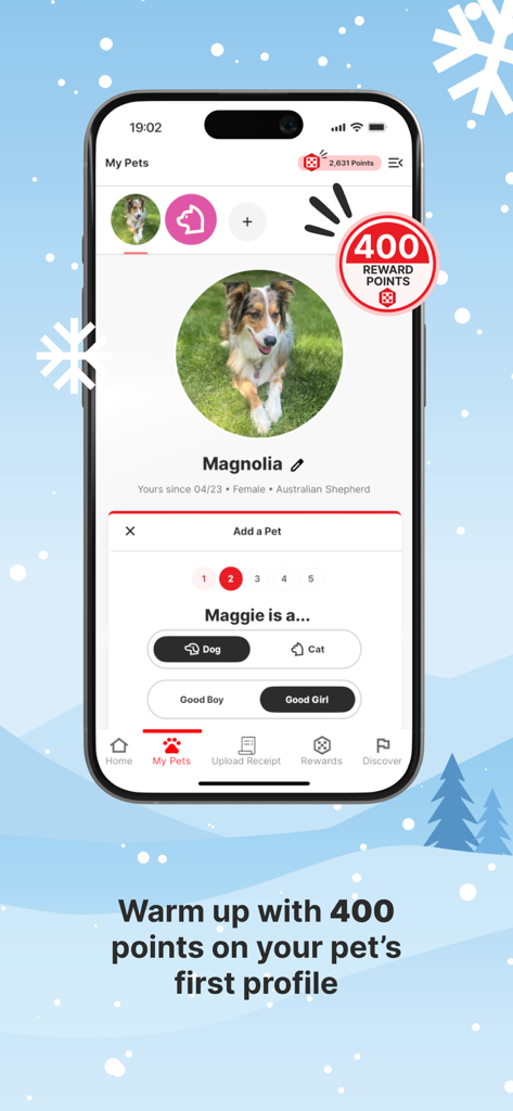 A pet profile screen in the myPurina app showing a dog and a 400 reward points bonus