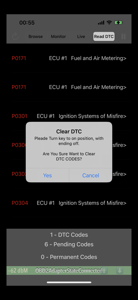 OBDII Scanner ELM327 OBD2 - 자동차 진단 문제 코드를 삭제하라는 메시지를 보여주는 OBD2 스캐너 ELM327 앱 인터페이스