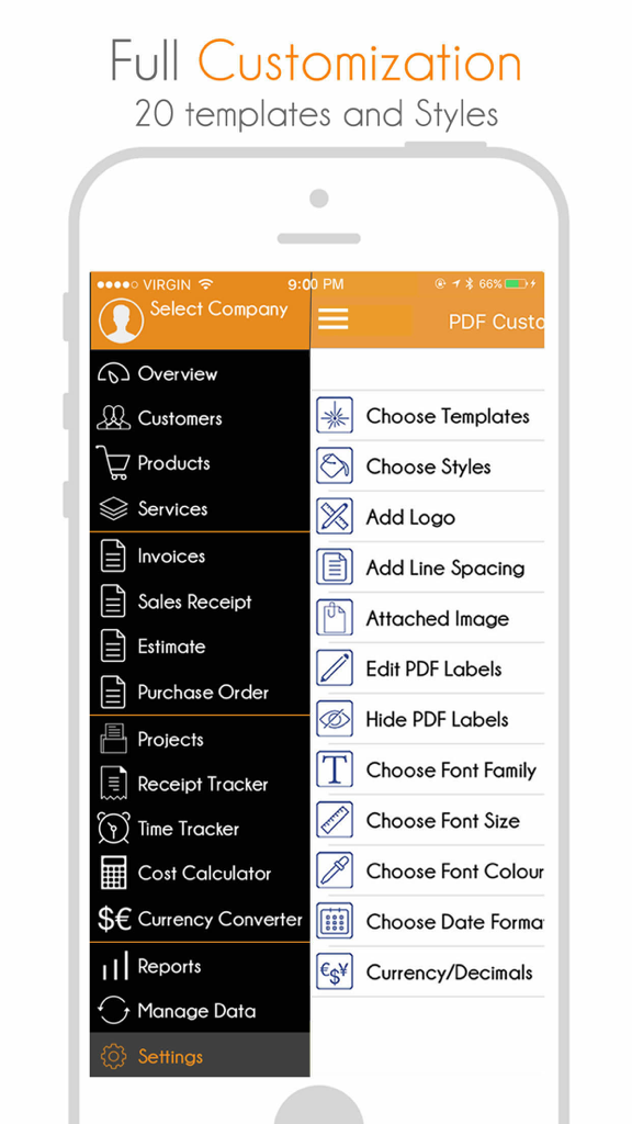 Invoice Manager: Create, Send Invoice and Estimate - Screenshot of the Invoice Manager app showing a list of business tools and PDF customization options for templates and styles.