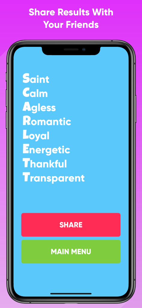 A screenshot from the My Name Meaning app displaying a personality acrostic for the name Scarlett with a share button.