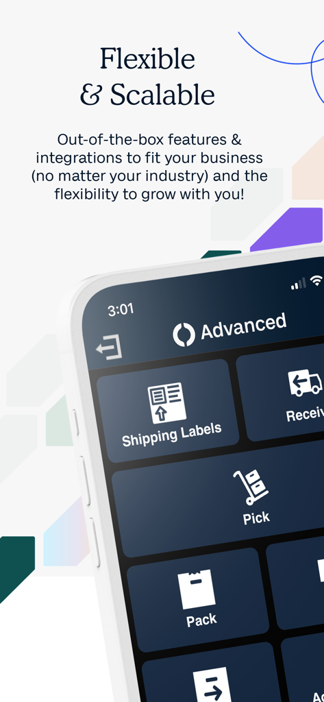 Fishbowl Advanced mobile app dashboard with inventory management icons.