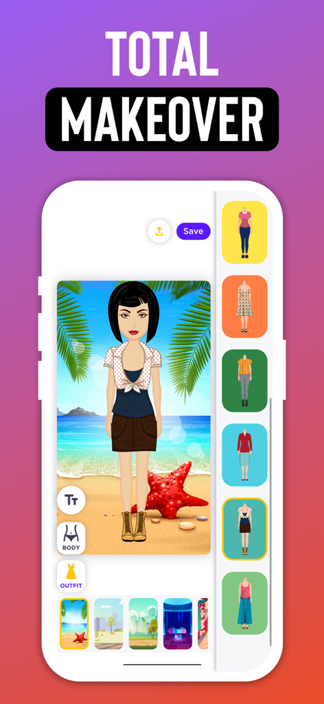 Interfaz de aplicación móvil que muestra un cambio de imagen total para un avatar de caricatura con varios atuendos y opciones de fondo