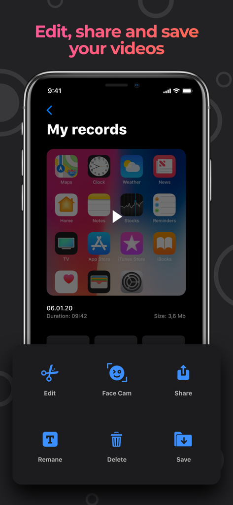 Screen Recorder - StartRec - Interface of StartRec app displaying options to edit share and save screen recordings with Face Cam