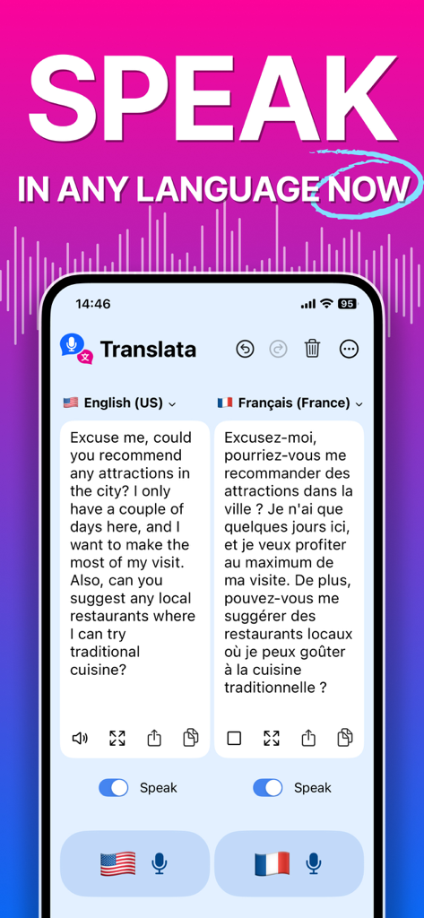Voice Translator - Translata - Interfaccia dell'app Translata che mostra una traduzione vocale dall'inglese al francese per una richiesta di viaggio