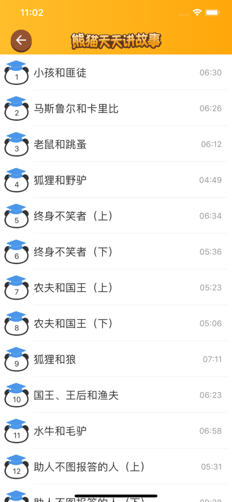 Interface of the Panda Daily app showing a numbered list of Mandarin audio stories for children with their durations.