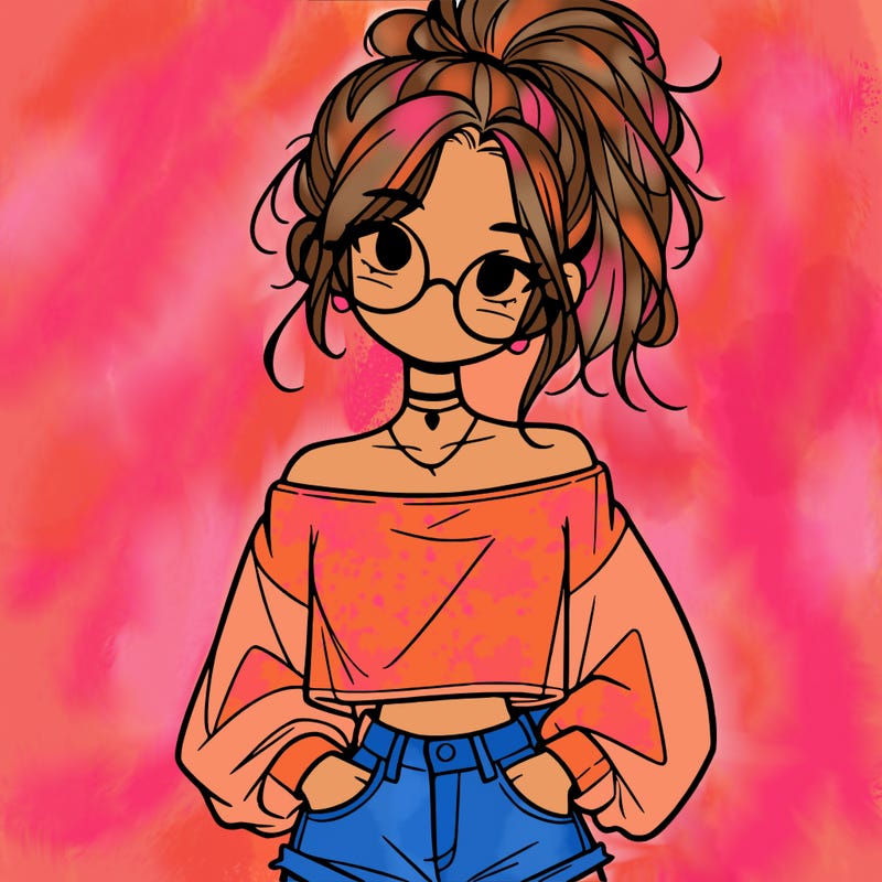 girl with a messy ponytail glasses a baggy crop top and jean shorts