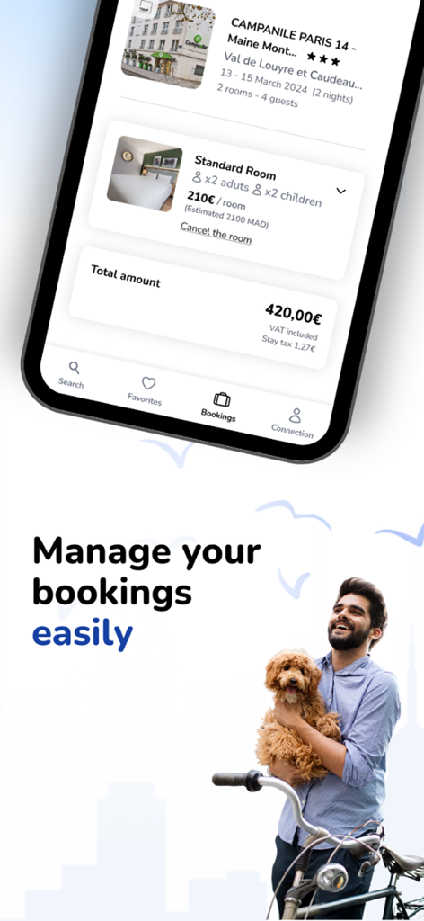 Pantalla de gestión de reservas de la app de Louvre Hotels Group para un hotel Campanile en París