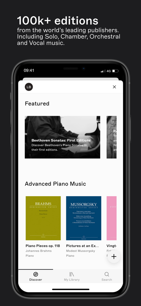nkoda app interface displaying a digital library of sheet music editions for advanced piano including works by Brahms and Mussorgsky