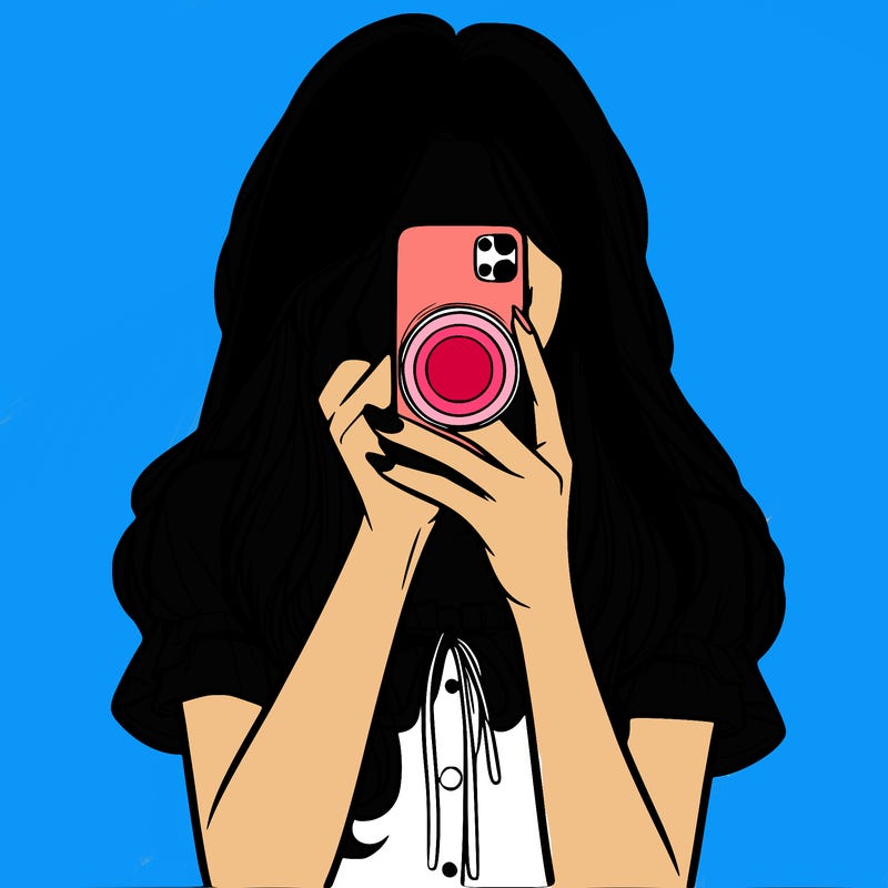 a realistic girl holding her phone taking pictures