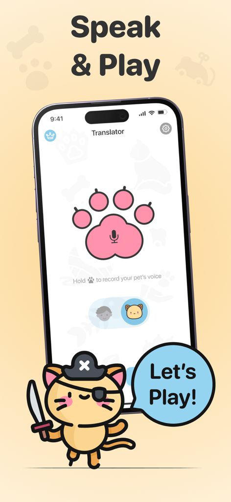 Cat Translator – Meow & Talk - Interface of the Cat Translator app showing a pink paw print recording button and a cartoon pirate cat character