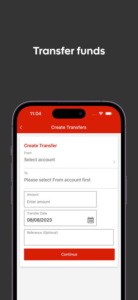 ScotiaConnect Business Banking - A mobile phone screen displaying the ScotiaConnect Business Banking app's fund transfer interface where users can select accounts and enter a transfer amount.