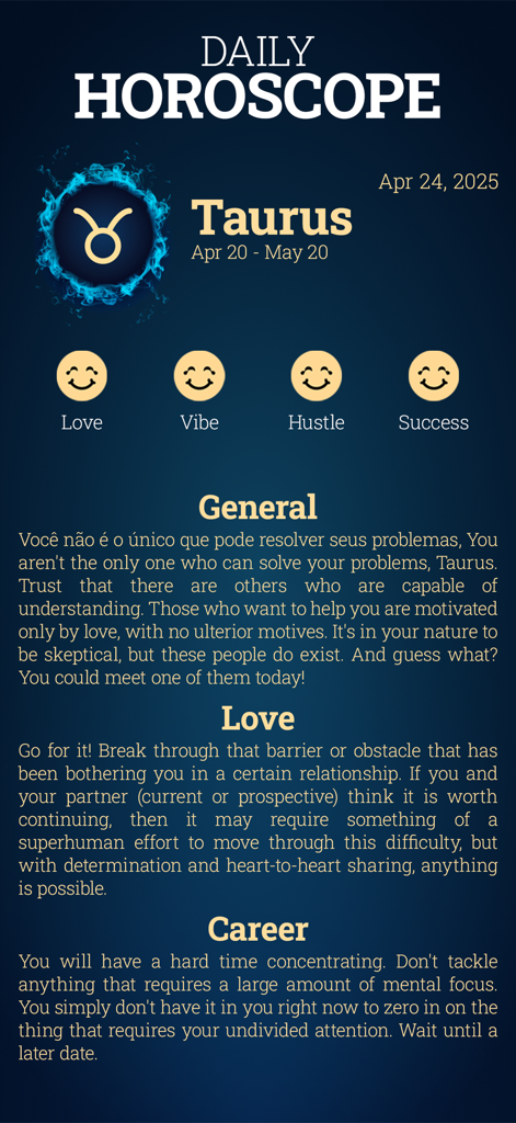 Écran d'horoscope quotidien pour le signe du zodiaque Taureau montrant des lectures générales, d'amour et de carrière dans l'application Aura.