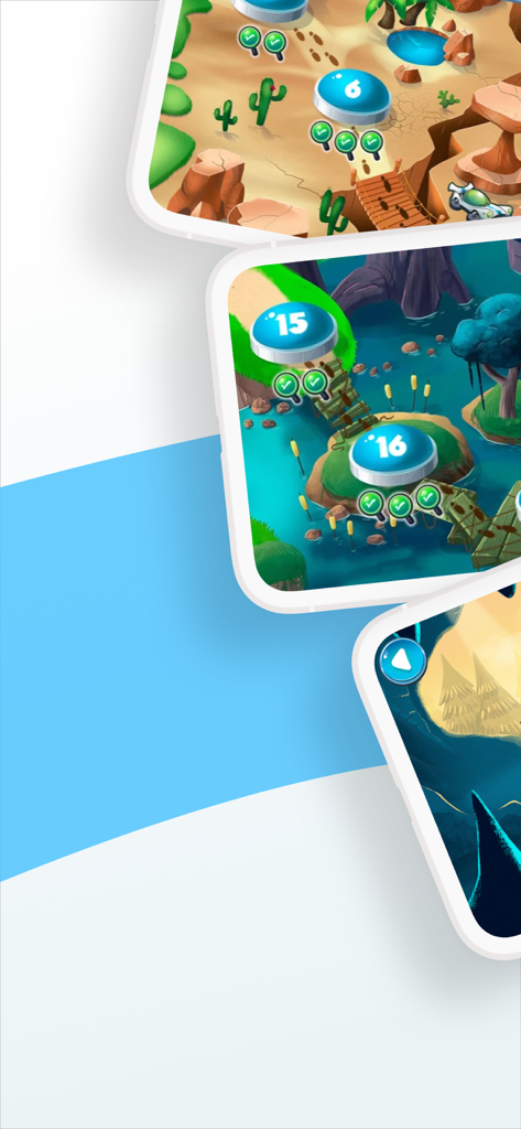 Dytective para la dislexia - Plusieurs écrans de téléphone montrant un jeu coloré basé sur une carte pour l'apprentissage de la dyslexie.