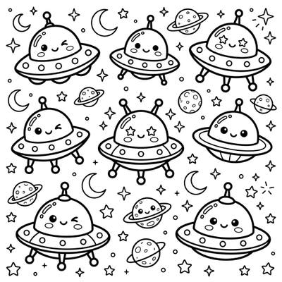 Get ready for an out-of-this-world coloring experience with these charming Kawaii UFOs! This delightful page features an array of adorable alien spaceships, surrounded by twinkling stars, moons, and cute planets, just waiting for your creative touch.