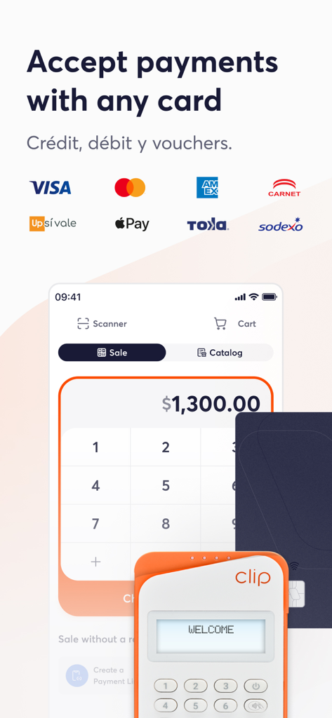 Clip mobile app interface showing a payment screen with an orange card reader and logos for Visa Mastercard and Apple Pay