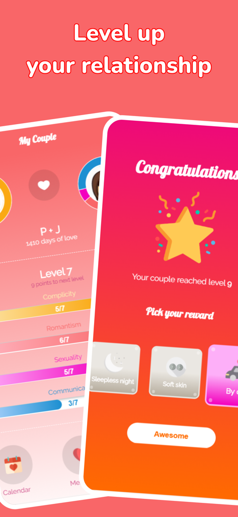 Pantallas de la aplicación Honi que muestran el progreso de nivel en la relación y la selección de recompensas