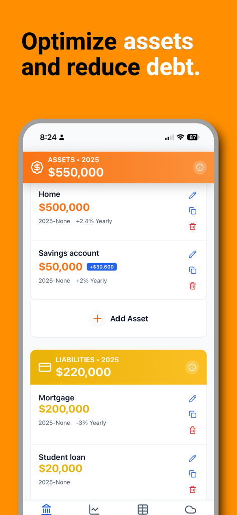 Saveplan - 2025년 자산 및 부채 내역을 보여주는 Saveplan 모바일 앱 인터페이스