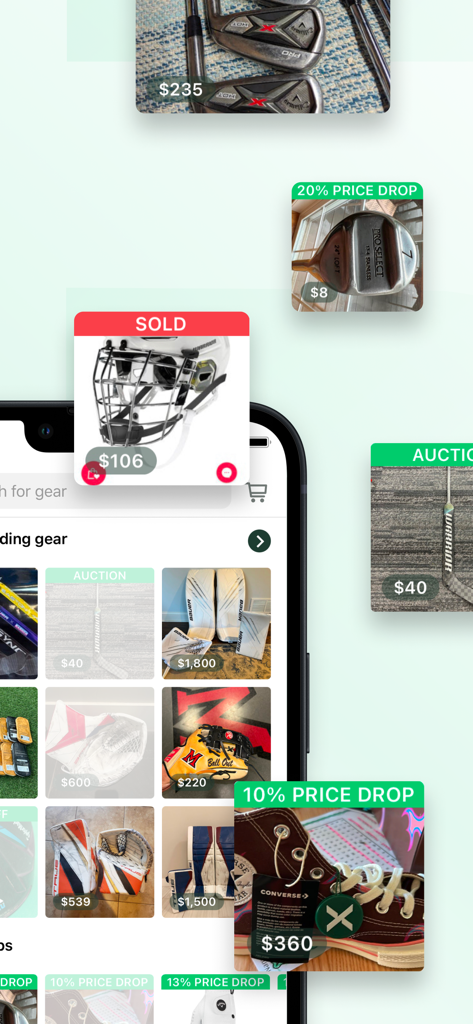 SidelineSwap - Interfaz de la aplicación SidelineSwap que muestra anuncios de equipamiento deportivo usado a la venta