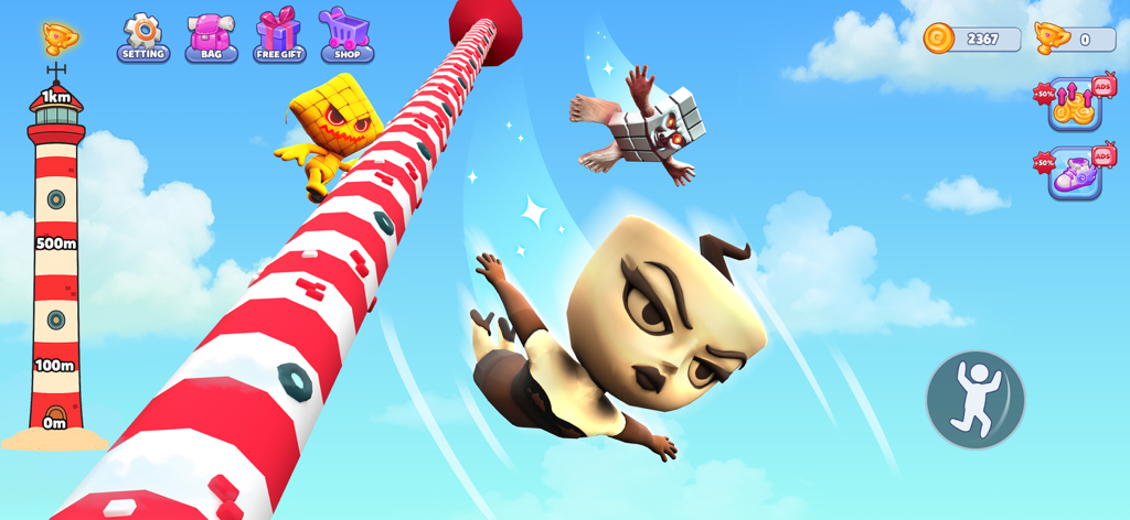 Brainzot Climb and Jump - Personaggi dei cartoni animati che saltano e cadono lungo un palo da arrampicata a strisce rosse e bianche in un cielo blu.