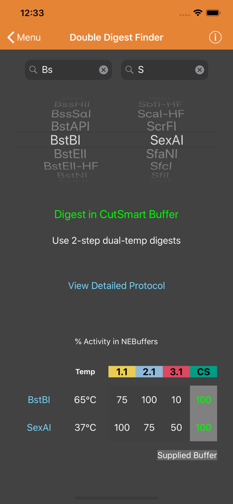 NEB Tools - NEB Tools app Double Digest Finder screen for selecting enzymes and buffers