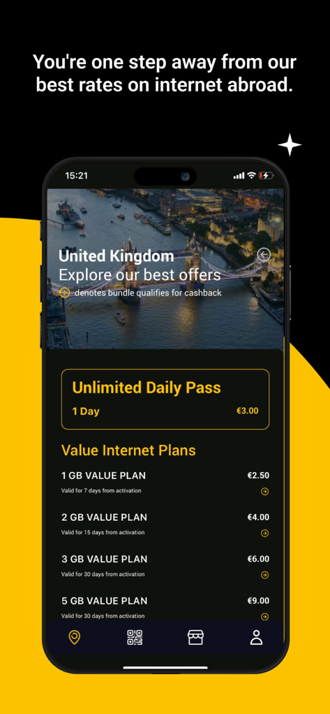 Golden eSIM - Global Internet - Pantalla de la aplicación Golden eSIM que muestra planes de datos de internet y ofertas para el Reino Unido con un fondo del Tower Bridge en Londres.